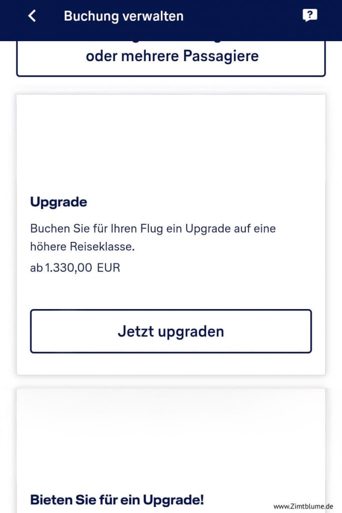 Kosten für Business Class Upgrade in der App Lufthansa