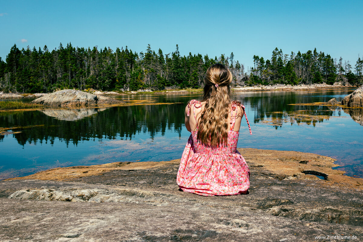 Eine Frau in einem pinken Kleid sitzt auf den dunklen Felsen von LaHave Island in Nova Scotia und blickt auf die unberührte Natur der Atlantikküste Kanadas.