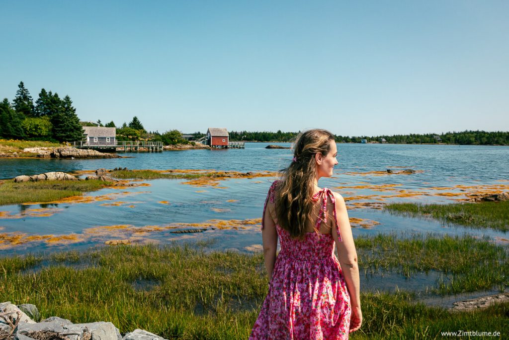 Inspiration für Deine Nova Scotia Rundreise: Frau im pinken Kleid genießt die weite Natur und Küstenlandschaft während eines Roadtrips durch Kanada.