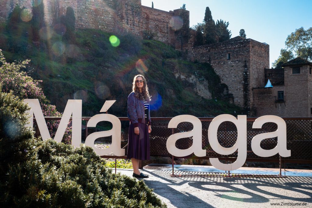 Zimtblume vor der Alcazaba beim Málaga Schriftzug