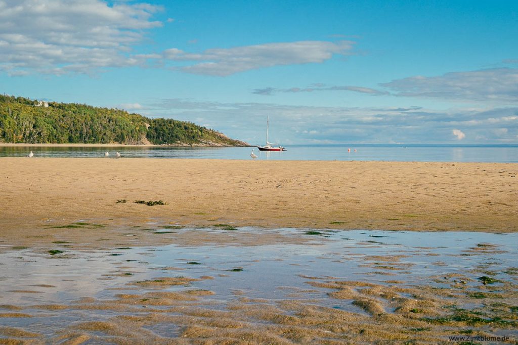 Der Strand von Tadoussac bei Ebbe mit Moven und rotem Boot in der Ferne